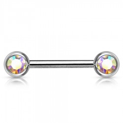 Piercing téton barbell 04 - Deux boules avec cristaux auroras