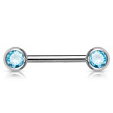 Piercing téton barbell 04 - Deux boules avec cristaux bleu-clair