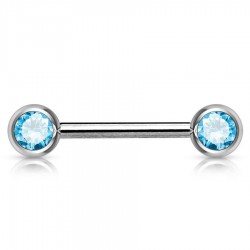 Piercing téton barbell 04 - Deux boules avec cristaux bleu-clair
