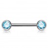 Piercing téton barbell 04 - Deux boules avec cristaux bleu-clair