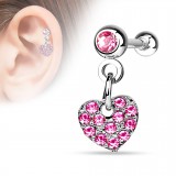 Cartilage hélix, tragus 15 - Cœur pendant cristaux roses