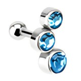 Cartilage hélix, tragus 21 - Trois cristaux ronds bleu-clair