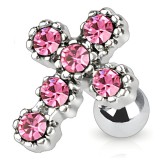 Cartilage hélix, tragus 73 - Croix multiples cristaux roses
