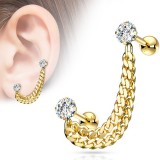 Double chaine pour oreille 38 - Gold-ip jaune avec deux zircones ronds