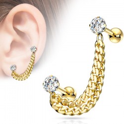 Double chaine pour oreille 38 - Gold-ip jaune avec deux zircones ronds