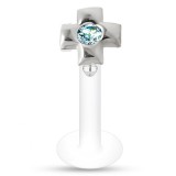 Piercing labret téflon 44 - Croix avec cristal bleu-clair