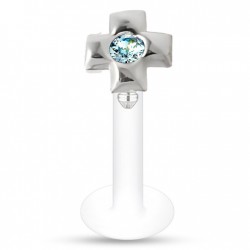 Piercing labret téflon 44 - Croix avec cristal bleu-clair