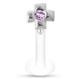 Piercing labret téflon 44 - Croix avec cristal rose