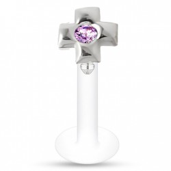 Piercing labret téflon 44 - Croix avec cristal rose