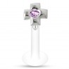Piercing labret téflon croix avec cristal rose (44)