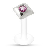 Piercing labret téflon 43 - Carré avec cristal rose