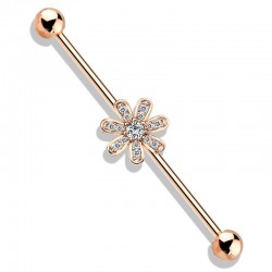 Piercing industriel 51 - Gold-ip rose fleur cristaux transparents