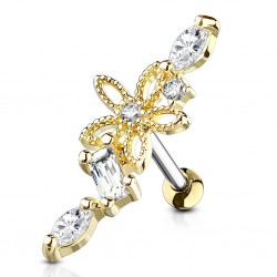 Piercing hélix 164 - Jaune fleur creuse et cristaux transparents