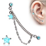 Double chaine pour oreille 18 - Cristal étoile bleu-clair