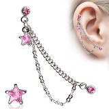 Double chaine pour oreille 18 - Cristal étoile rose