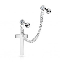 Double chaine pour oreille 32 - Grise avec croix