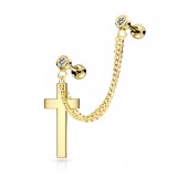 Double chaine pour oreille 32 - Gold-ip jaune avec croix