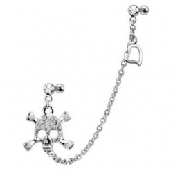Chaine pour oreille 14 - Crâne cristaux transparent et cœur