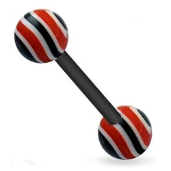 Piercing de langue UV barre flexible noir avec embouts boules rayés rouge et blanc (35)