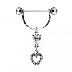 Piercing téton barbell Deux coeurs pendants avec strass transparents (40)