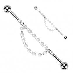 Piercing industriel gris deux chaines avec perles blanches (183)
