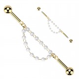 Piercing industriel jaune deux chaines avec perles blanches (183)