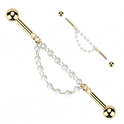 Piercing industriel jaune deux chaines avec perles blanches (183)