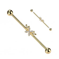 Piercing industriel jaune trois fleurs strass transparents (187)