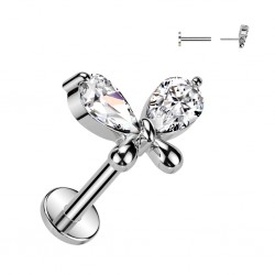 Piercing micro labret gris beau papillon strass transparents (174)