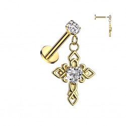 Piercing micro labret jaune croix pendante (178)