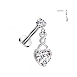 Piercing micro labret gris cœur pendant strass transparent (181)