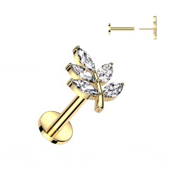 Piercing micro labret jaune feuille cristaux transparents (192)