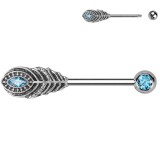 Piercing téton barbell plume strass bleu clair (106)