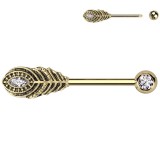 Piercing téton barbell gold-ip jaune plume strass transparents (106)