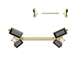 Piercing téton barbell gold-ip jaune rectangles noirs (108)
