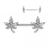 Piercing téton barbell gris feuille strass transparents (111)