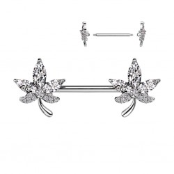 Piercing téton barbell gris feuille strass transparents (111)