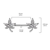 Piercing téton barbell gris feuille strass transparents (111)