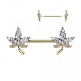Piercing téton barbell jaune feuille strass transparents (112)