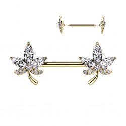 Piercing téton barbell jaune feuille strass transparents (111)