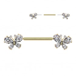 Piercing téton barbell jaune papillons strass transparents (113)