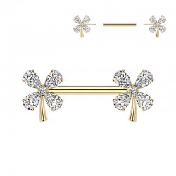 Piercing téton barbell gold-ip jaune trèfle à quatre feuilles (114)
