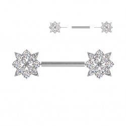 Piercing téton barbell gris fleurs cristaux transparents (115)