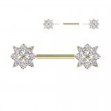 Piercing téton barbell jaune fleurs cristaux transparents (115)
