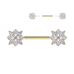 Piercing téton barbell jaune fleurs cristaux transparents (115)