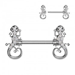 Piercing téton barbell gris gecko strass transparents (116)