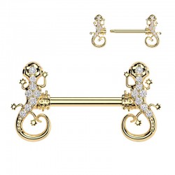 Piercing téton barbell jaune gecko strass transparents (116)