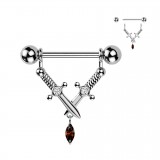 Piercing téton gris pendentif avec des épées gem rouge (118)