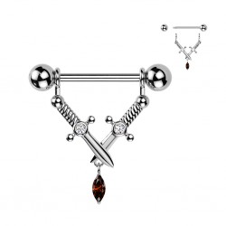 Piercing téton gris pendentif avec des épées gem rouge (118)