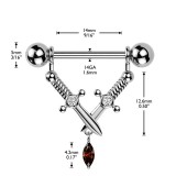 Piercing téton gris pendentif avec des épées gem rouge (118)